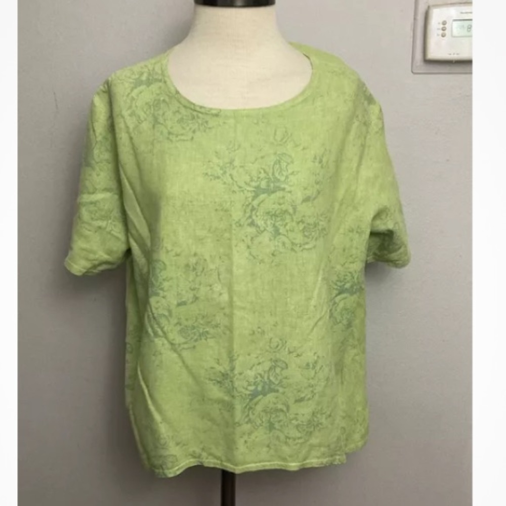 9-10 Crescent Moon green Top Shirt Linen Small Oversized Made in USA